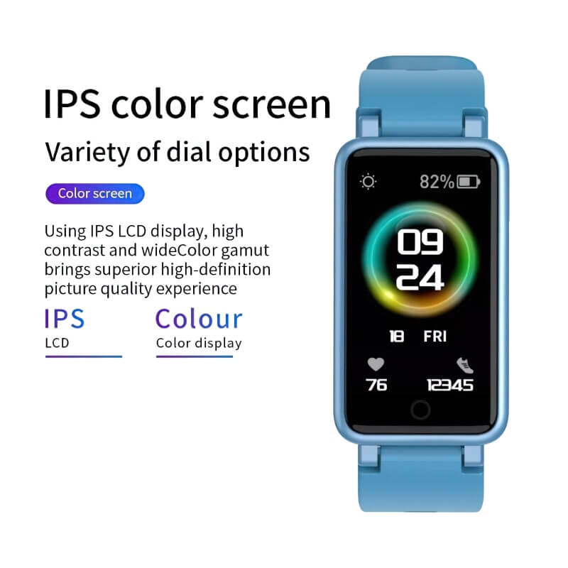 Blue waterproof fitness tracking smart bracelet with IPS color screen for Android/IOS, showing date and steps.